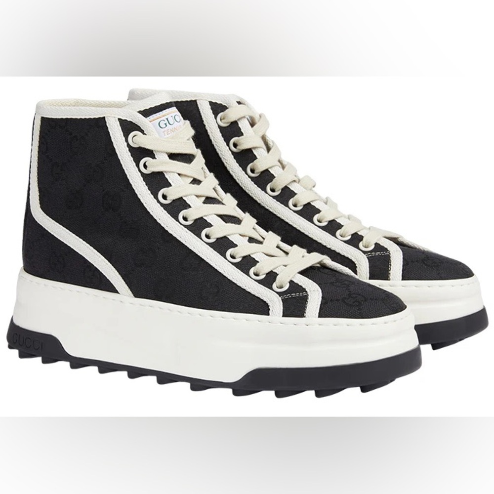 New Size 36.5 Gucci Women's GG Black and White High-Top Sneakers